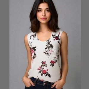 Riley and James Rose Print Crochet Back Lace Sleeveless Racerback Shirt Top